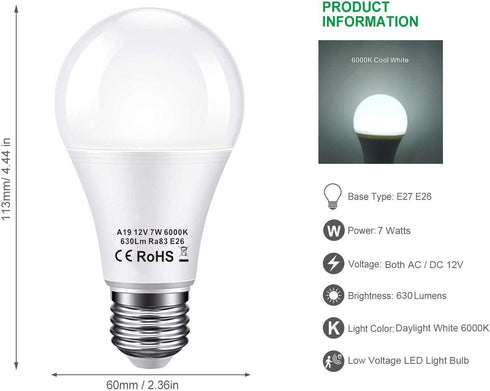 12V LED Light Bulb 60Watt Equivalen E26 7W 630Lm 12 Volt Low Voltage Lights AC/DC 11-18V A19-12volt RV Marine Boat Landscape Lighting-6 Pack(6000K...