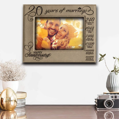 BELLA BUSTA-20 Years of Marriage-Months, Weeks, Days, Hours, Weeks, Minutes, Seconds-20th Anniversary- Engraved Leather Picture Frame (5 x 7 Horiz...