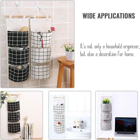 AUHOKY 3Pcs Wall Closet Hanging Storage Bag, Premium Linen Fabric Over The Door Organizer, Hanging Storage Pouches with 3 Pockets for Bedroom Bath...