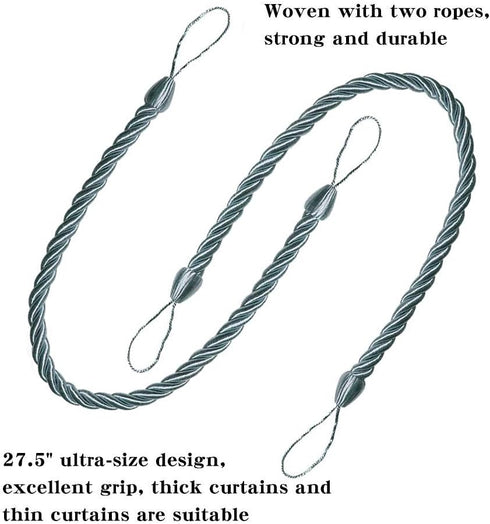 BEL AVENIR Curtain Rope Tiebacks, Drapery Rope Holdbacks with 2 Metal Screw Hooks, 1 Pair - Light Blue...