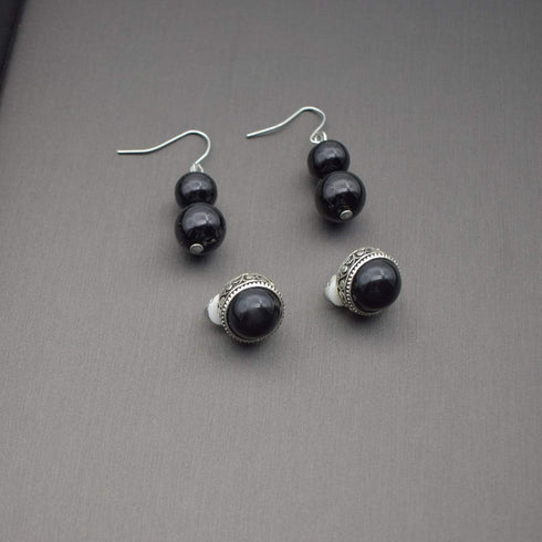 Pearl Layered Choker Necklace Set 3 Layer Bead Necklaces Non Pierced Clip On Earrings (Black)...