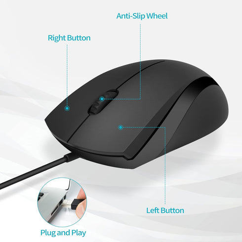 Rapoo Silent Wired Mouse, 1000 DPI 5ft Cord Quiet Button Optical Computer Mouse, Left Right Hand Use, for Laptop Chromebook Mac Notebook, Matte Bl...