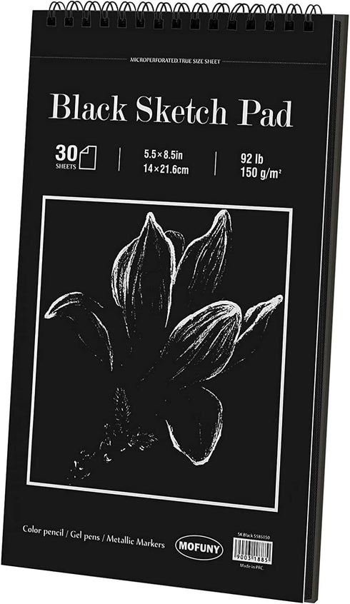 Black Sketch Pad, 5.5 x 8.5 inches, 30 Sheets (92lb/150gsm) Heavyweight Drawing Paper with Hard Cover & Spiral Bound, Perfect for Colored Pencil, ...