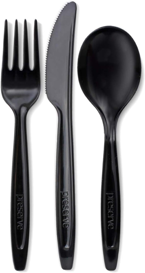 Preserve Recycled Plastic Cutlery Made in USA, 24 Count (8 Forks, 8 Knives, 8 Spoons), Black...