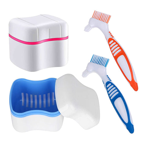 Denture Cleaner Box and Brush Set - 2 Pack Denture Bath Case with Basket + 2 Pack Denture Brush, Portable Denture Retainer Storage Box, False Teet...