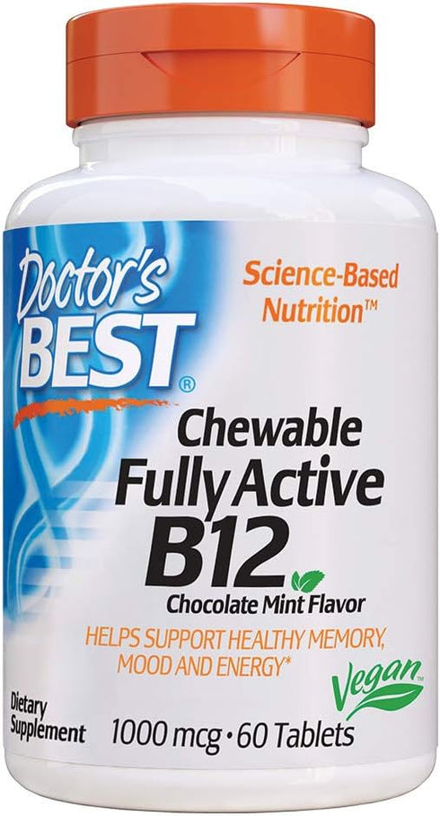 Doctor's Best Chewable Fully Active B12 Chocolate Mint Flavor, Memory, Mood, Circulation & Well-Being, 1,000mcg, 60 Tablets...