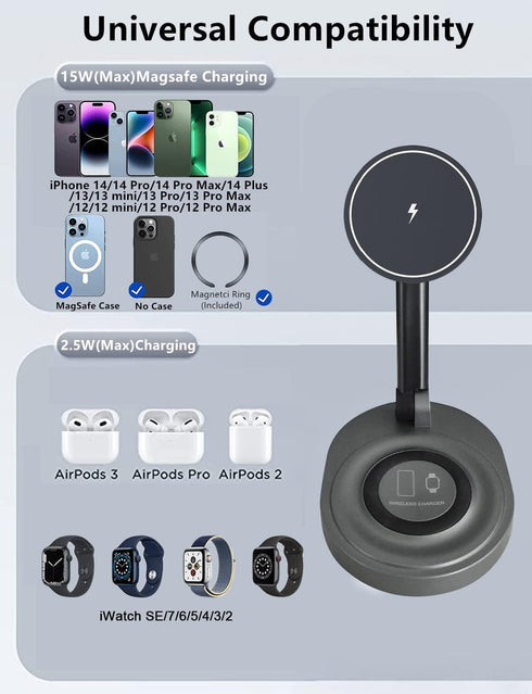 Magnetic Wireless Charger Stand for Mag-Safe Charger, Foldable 15W Fast Wireless Charging Station, 2-in-1 Charging Stand Dock for Apple iPhone 15/...