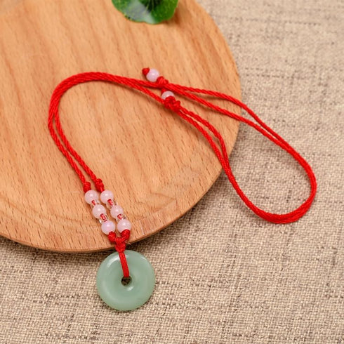 Green Jade Buddha Circle Red String Pendant Necklace - Chinese Traditional Amulet for Luck and Protection...