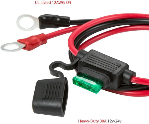 3/8" Ring Eyelet Terminal Battery Boost Cable Heavy-Duty 30A Fuse 12V/24V 12AWG Cord 3Ft...