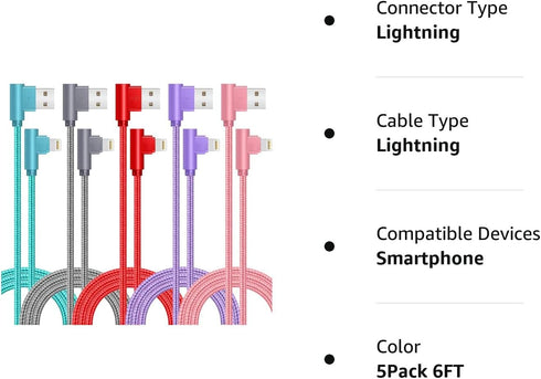 iPhone Charger Cord Right Angle Lightning Cable 6FT 5 Pack 90 Degree Nylon Braid Charging Cord Fast Charging Compatible for iPhone 12/12pro/11/11p...