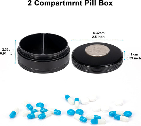 2 Compartment Metal Pill Box - Waterproof Aluminium Travel Pill Case Daily Purse Pocket Medicine Container, Portable Pill Organizer Holder for Med...