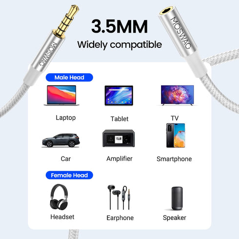 MOSWAG 3.5mm Male to Female Extension Cable with Microphone Stereo Audio Adapter Nylon Braided Compatible for Home/Car Stereos Smartphones Headpho...