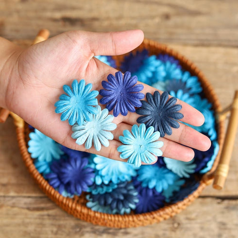 100 Pcs Handmade Mulberry Paper Daisy Petals 40x40mm Mulberry Paper Daisy Flowers Scrapbooking Wedding DIY Craft Supplies Card (Blue Tone)...