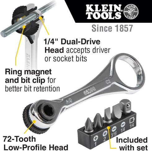 Klein Tools 65200 Ratchet Set, 5-Piece Mini Ratchet Set with Phillips, Slotted, and Adapter for Other Socket Sizes, For Tight Spaces...