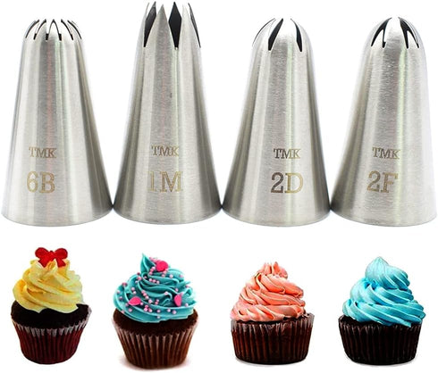 4 Pack Stainless Steel Seamless Piping Icing Tips #1M 2D 2F 6B, Large Piping Nozzle, Cake Decorating Tools for Baker...
