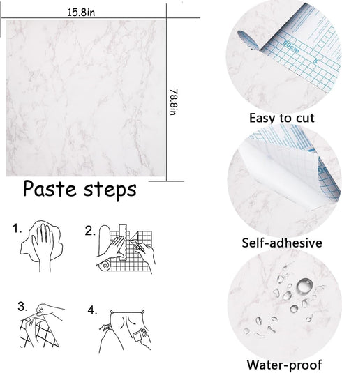 White/Gray Glossy Marble Contact Paper Wallpaper 15.8"x78.7" Peel and Stick Wallpaper Self Adhesive Thick Removable Waterproof DIY Vinyl Film for ...