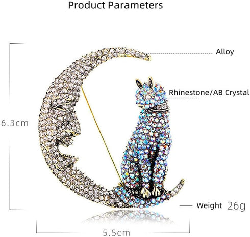 Rhinestone Cat on the Moon Brooch Pin for Women Girls Vintage AB Crystal Animal Kitten Crescent Celestial Brooches Lapel Pins Dainty Exaggerated C...
