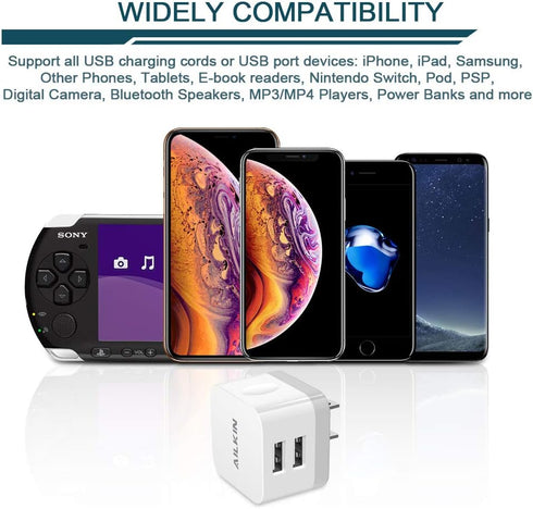 3Pack USB Wall Charger Plug, AILKIN 2.4A Dual Port USB Adapter Power Cube Fast Charging Station Box Base for iPhone 16e 16 15 14 13 12 Pro Max SE ...