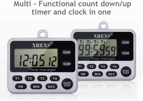 XREXS 4-Channel Digital Kitchen Timer Clock with Large LCD Display, 4 Groups Simultaneous Timing Countdown Up Pocket Timer, Magnetic Attachable (B...