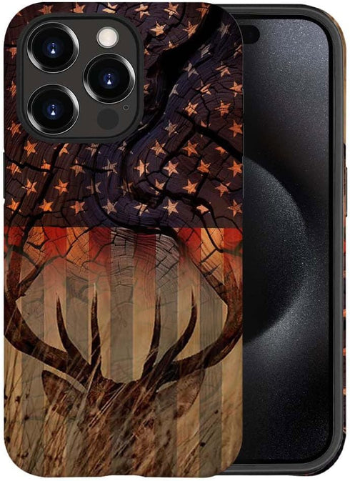 DJSOK Case Compatible with iPhone 15 Plus,Creative Wood Grain American Flag Deer Phone Case Colorful Fall Protection Shell Hybrid 2-Layer Hard She...