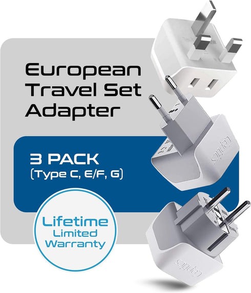 Ceptics Complete European Travel Adapter Set - 2 In 1 Usa to Europe, Germany, England, Spain, Italy, Iceland, France, (Type G, E/F, Type C) - 3 Pa...