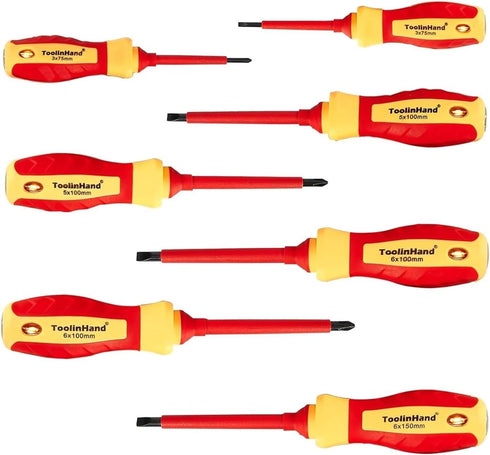 7 PCS 1000V Insulated Screwdriver Set, 3 Phillips and 4 slotted Screwdrivers, with Voltage Tester, CR-V Magnetic Tips, Professional Electrician El...