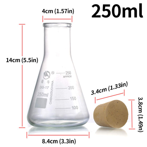 Glass Erlenmeyer Flask Set, (250 ml, 150 ml & 50 ml) Graduated Borosilicate Glass Erlenmeyer Flasks with Rubber Stoppers & Accurate Scales for Lab...
