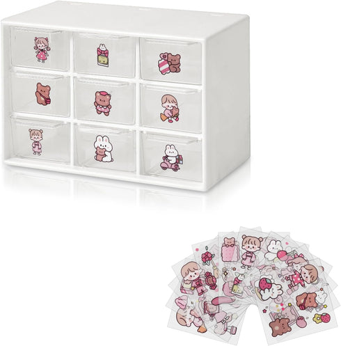 Mini Desk Organizer Drawer, 9 Removable Plastic Art Craft Organizers with Stickers, Cute Desktop Storage Organizer for DIY Crafts, Art Supply, Off...