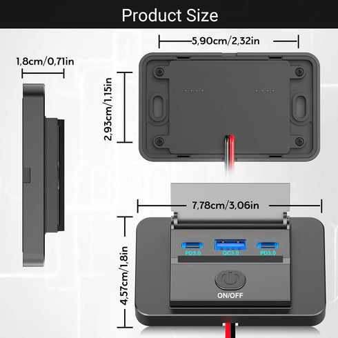 Qidoe 12V USB Outlet with Power Switch, Dual 36W PD3.0 Type C & QC3.0 18W USB Panel Mount 12V Outlet with USB C Cable, Waterproof Car USB Socket C...