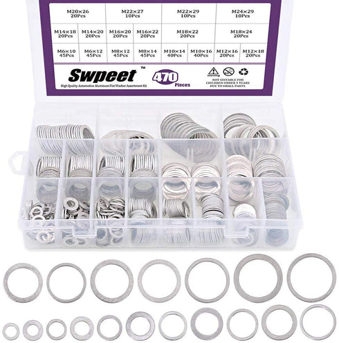 Swpeet 470Pcs Automotive Metric Oil Drain Plug Gasket Aluminum Flat Washer Assortment Kit, Including 18 Different Sizes - M6 M8 M10 M12 M14 M16 M1...