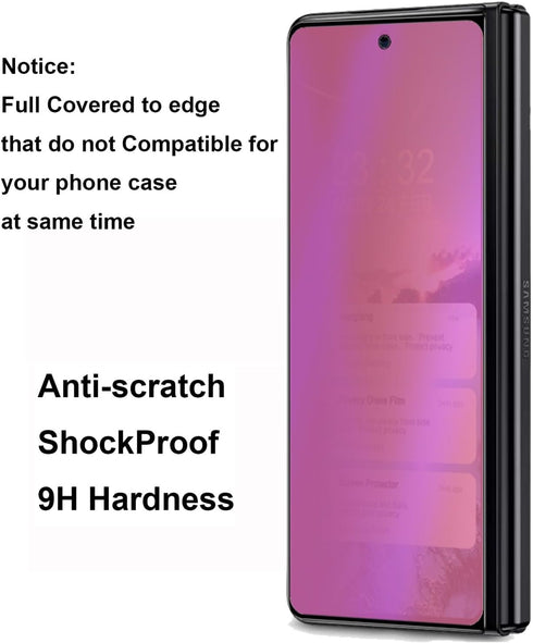 2 Pack Outer Anti-Blue Privacy Tempered Glass For Samsung Galaxy Z Fold 5 / Z Fold 4 Front Mirror Anti-Spy Screen Protector Anti-Peeping Full Cove...