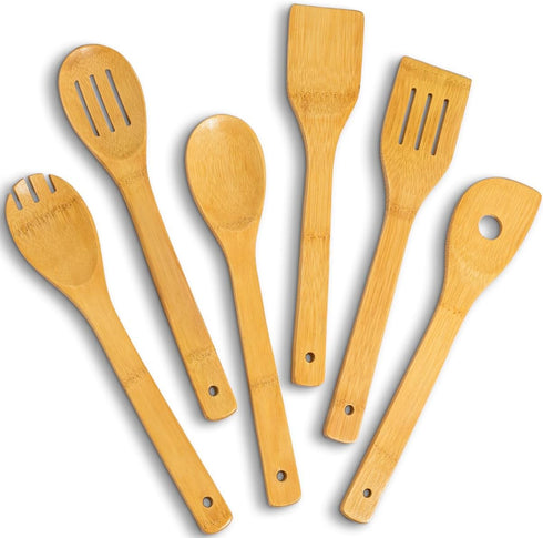 IOOLEEM Bamboo Wooden Spoons for Cooking 6 Pcs 12 Inch, Non-Stick Wooden Kitchen Utensils Set, Natural and Durable Wooden Spatula Spoons for Non-S...