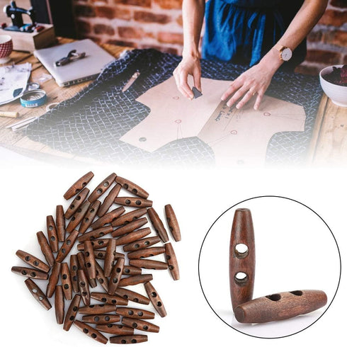 Sewing Wood Toggle Buttons, 50PCS Toggle Buttons, 2 Holes Wood Buttons, Sewing Knitting Buttons, Dark Coffee Wooden Buttons for DIY Coat Clothes A...
