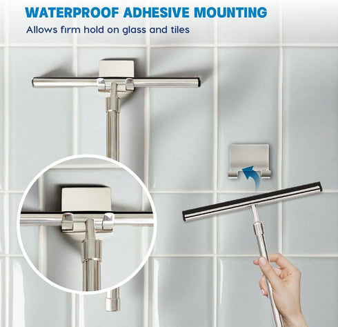 Shower Squeegee with Long Handle and Adhesive Hook. for Glass Doors, Tile Walls, Mirrors and Windows. Telescoping Squeegee for Cleaning. Bathroom ...