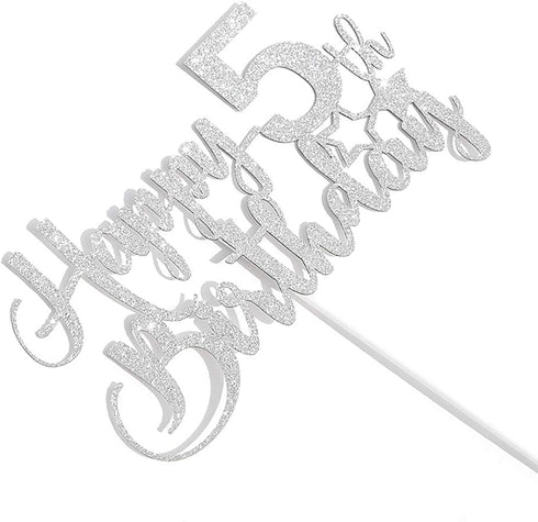 Silver Glitter Happy 5th Birthday Cake Topper - 5th Birthday Cake Topper, 5th Birthday Party Decoration...