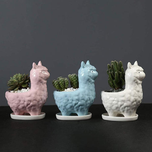 Lependor Cute Llama Succulent Planter Pot with Drainage Tray, White Ceramic Cactus/Flower Container, Animal Alpaca Bonsai Holder for Indoor Plants...