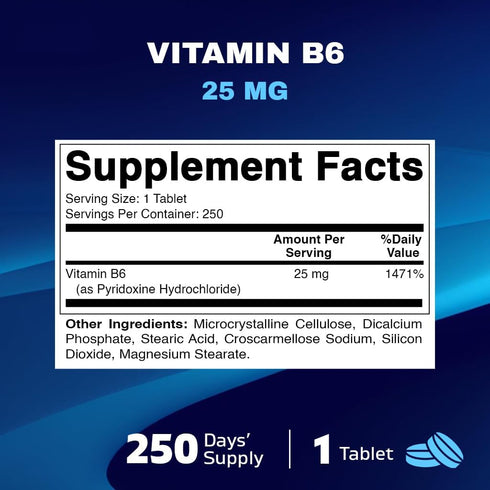 Vitamatic Vitamin B6 (Pyridoxine HCI), 25 mg 250 Vegetarian Tablets - Promotes Energy Production, boosts Metabolism and Immune Health Support...