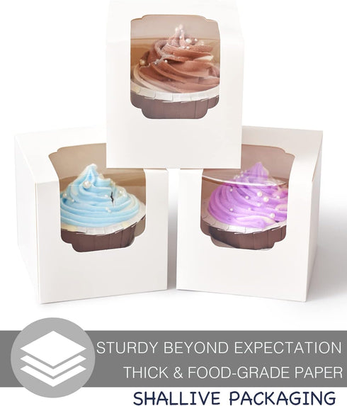 White Cupcake Boxes Individual 15 Count Pre-Assembled with Window and Inserts, Individual Cupcake Containers Auto-Popup for Wedding Baby Shower Mo...