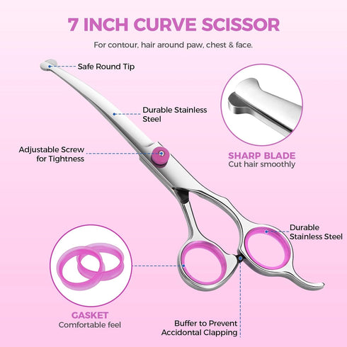 Maxshop Dog Grooming Scissors with Safety Round Tips, Heavy Duty Titanium Pet Grooming Trimmer Kit, Professional Thinning Shears, Curved Scissors ...