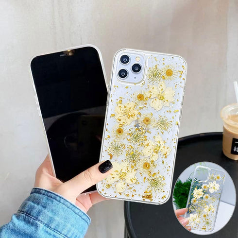 Abbery Designed for iPhone 11 Pro Max Pressed Flower Case, Cute Bling Glitter Sparkle Clear with Design Soft Silicone TPU Rubber Dried Real Floral...