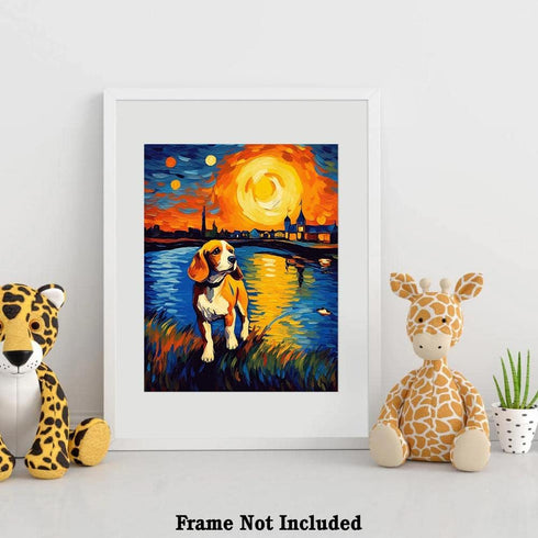 Bestbuddy Pet 11X14 Unframed Starry Night Van Gogh Inspired Beagle Dog by the Lake Farm House Family Animal Pet Family Oil Painting Art Print Post...