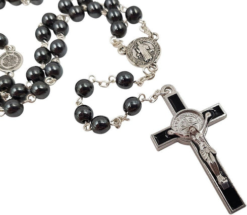 TALISMAN4U CATHOLIC ROSARY NECKLACE Black Hematite Beads Saint St Benedict Medal & Cross Gift Box...