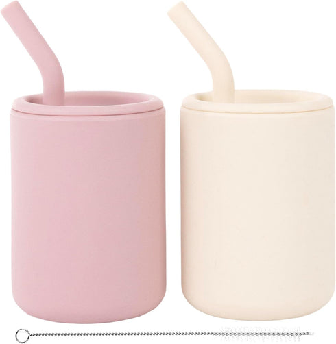 WeeSprout Silicone Baby Cups With Straws and Lids, 4 & 8 oz Options, Set of 2, Food Grade Toddler Training Container, Built In Straw Stoppers, Mea...
