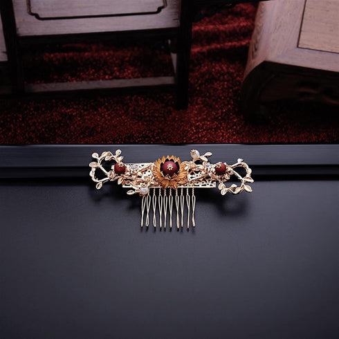 Women Gold Butterfly Hair Comb Traditional Chinese Wedding Headdress Accessories Red Pearl Stick Head Jewelry Bridal Headpiece...