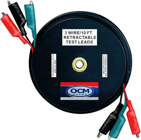 OCM - 3 Wire Retracteable Test Leads - 18 Gauge Electrical Copper Wire, Alligator Clips, Impact Resistant Case...