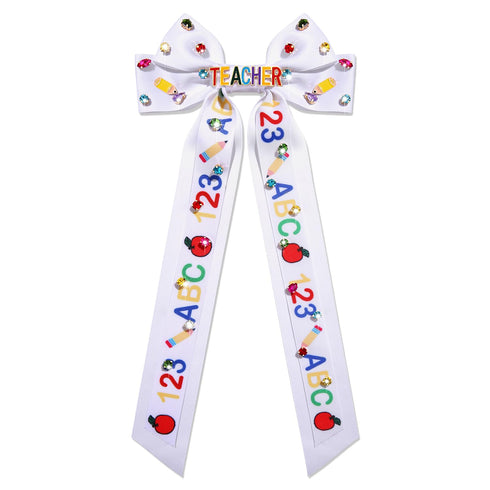 Teacher Hair Bows for Women Teacher ABC Pencil Hair Bow Clips Jeweled Satin Ribbon Bow Barrette Hair Clip Back to School Accessories Teacher Appre...