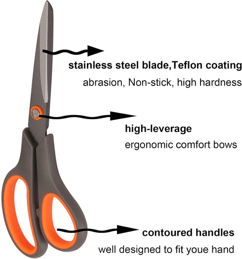 2 Pack 8" Titanium Non-Stick Scissors, All-Purpose Professional Stainless Steel Shears Comfort Soft Grip, Straight Office Craft Scissors for DIY S...