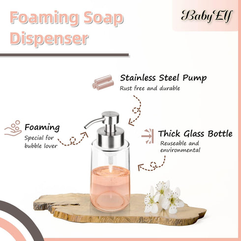 BabyElf Clear Glass Foaming Soap Dispenser with Rust-Proof Stainless Steel Pump, Refillable Liquid Wide Opening Hand Soap Dispenser for Bathroom &...