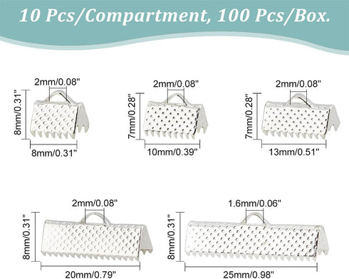 PH PandaHall about 100 Pcs Iron Ribbon Bracelet Bookmark Pinch Crimp Clamp End Findings Cord Ends Fasteners Clasp Leather Crimp Ends 5 Sizes Lengt...