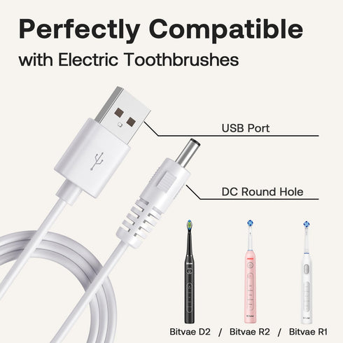 Bitvae Replacement Charger Cable, Fits D2/R1/R2/S2 Electric Toothbrush, C2/C5/C6 Water Dental flosser, USB DC Charging Cord, White......